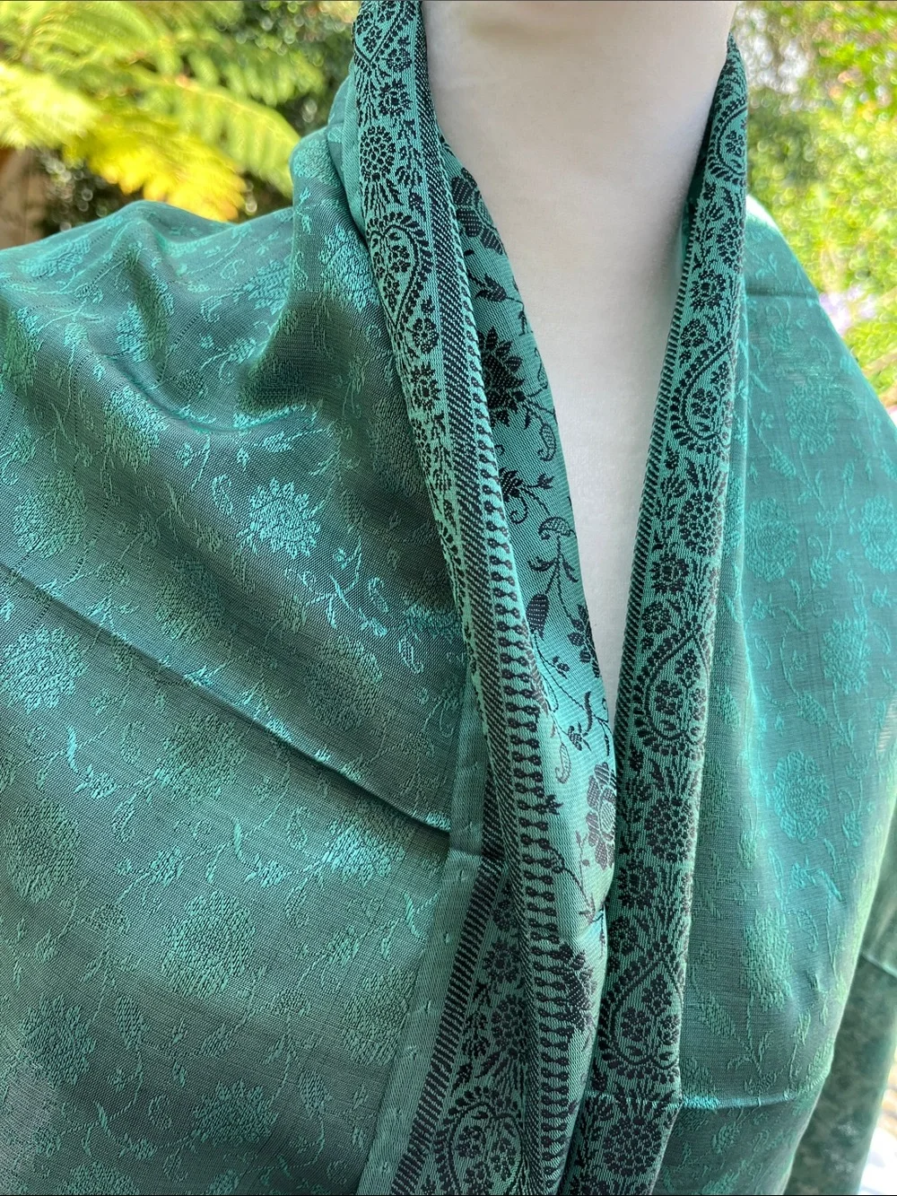 NWOT Silk India Teal Wrap Scarf Flowy with Fringe